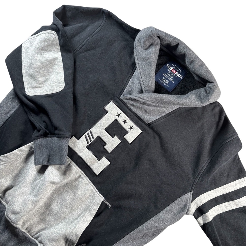 VTG Y2K Ecko Unltd Men XL Shawl‎ Letterman Sweatshirt Black Streetwear Preppy